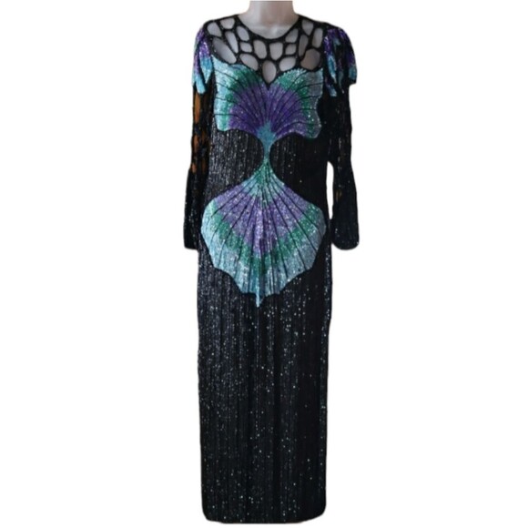 Vintage 80s Silk Sequin Peacock Butterfly Evening Gown Maxi Dress - Picture 1 of 16